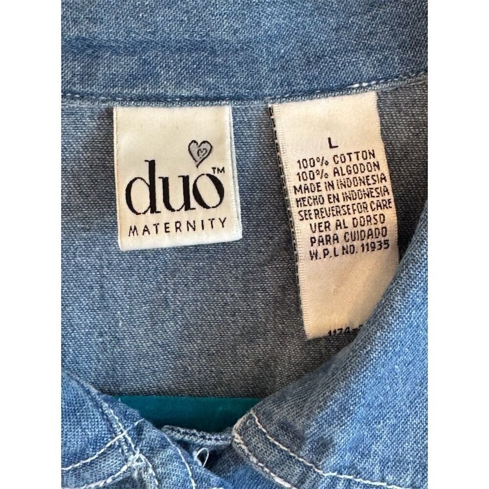 Duo Maternity Button Up Shirt Blue Collared Short Sleeve L - Picture 3 of 4